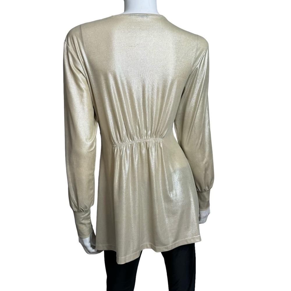 BEIGE bY eci Rhinestones V-Neck Long Sleeve Metallic Beige Blouse - Picture 6 of 6